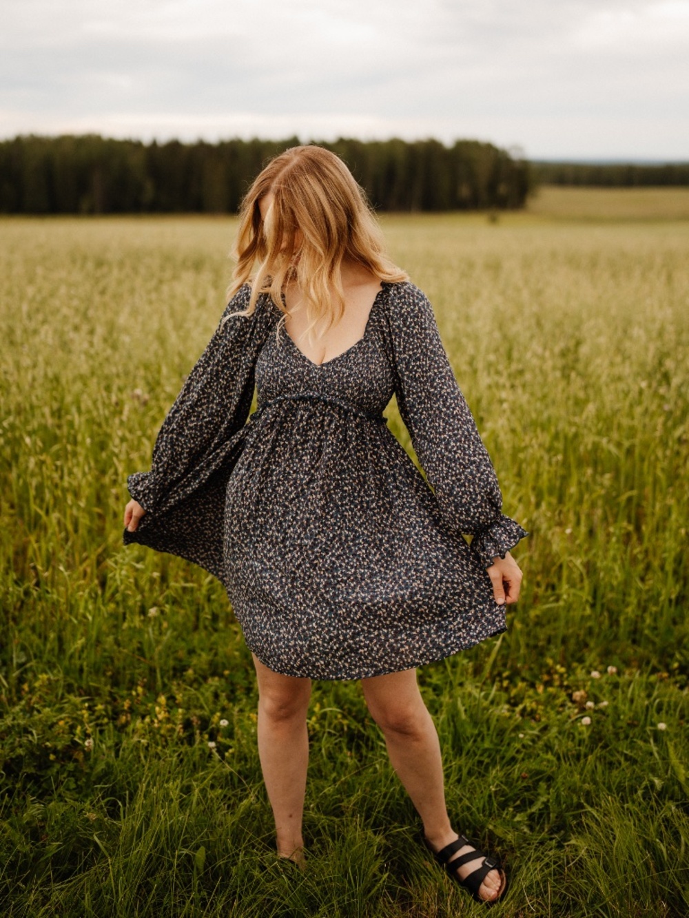 Navy Floral Long-Sleeve Smocked Babydoll Dress